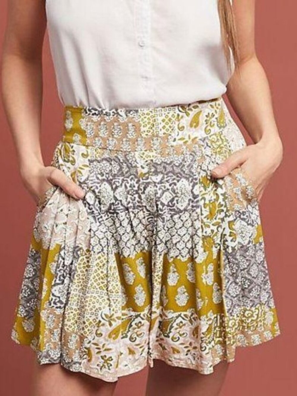 Anthropologie Maeve Patchwork Pleated Shorts High Waisted Medium